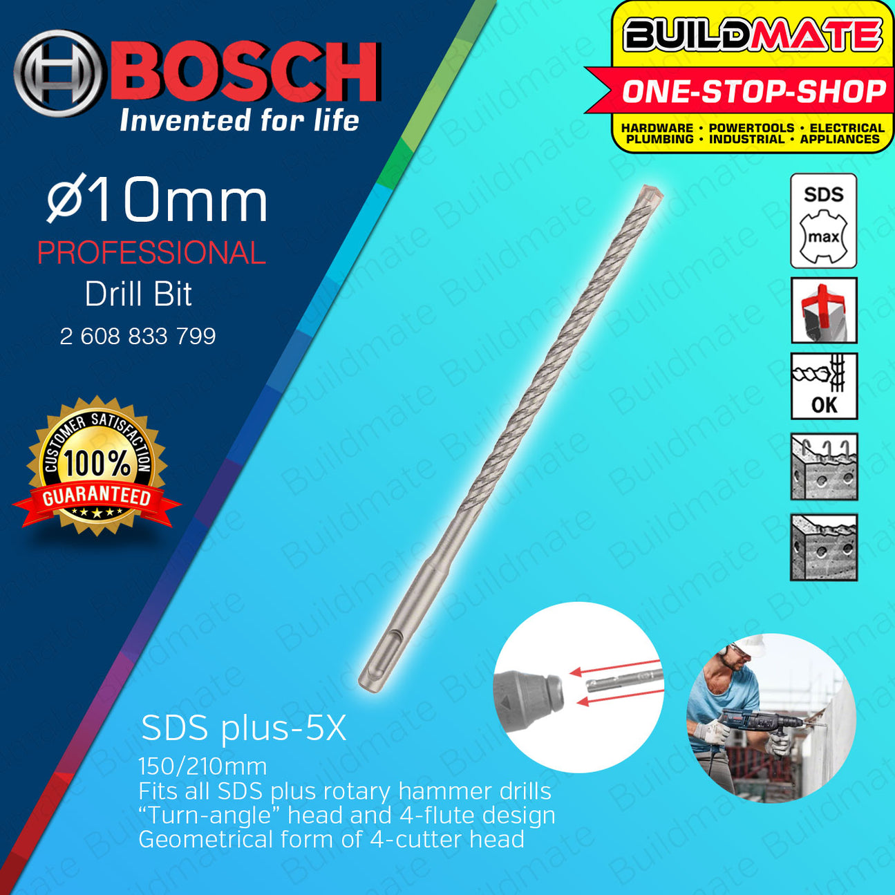 Plus Bit BUILDMATE Bosch SDS PLUS-5X Rotary Hammer Drill Bit 4MM - 13MM for Con ...