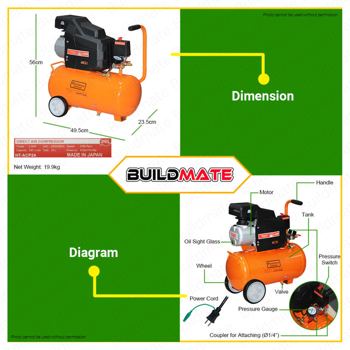 HOYOMA JAPAN 24L Air Compressor Portable Oil Noise Less HT-ACP24 •BUILDMATE•