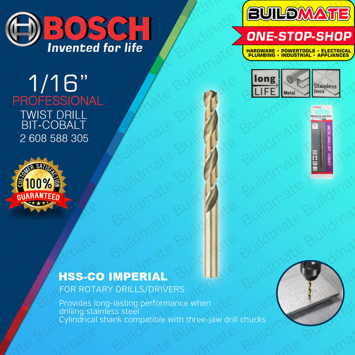 BUILDMATE Bosch Twist Drill Bit Set 1/16" - 3/8" Inch HSS-CO Cobalt Drills for Stainless Steel Drilling - BAX