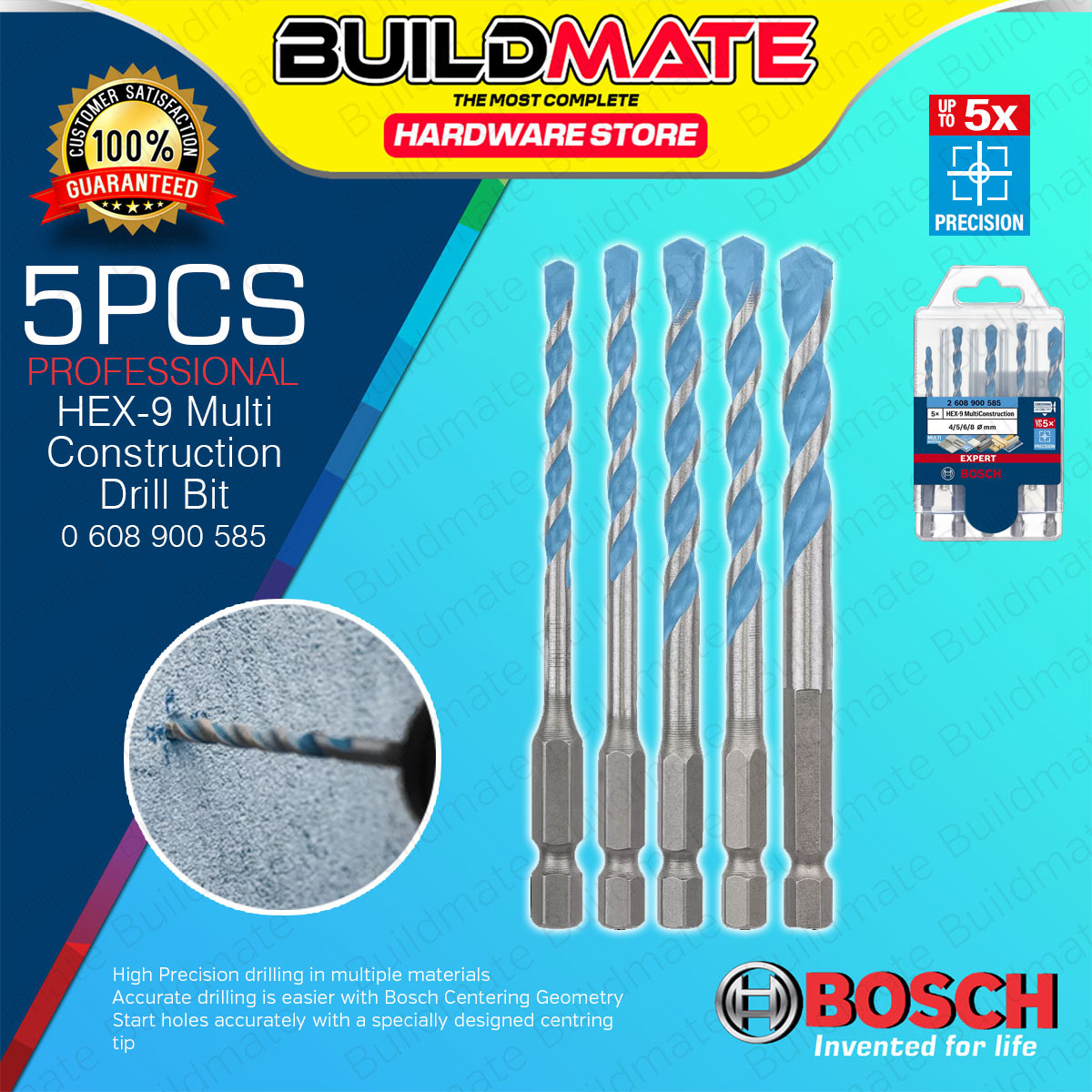 BUILDMATE Bosch 5pcs Expert Series Hex-9 Multi Construction Drill Bit Set  Ø4mm-8mm Tile Wood Glass Ceramic Cement Drilling Bits 2608900585 