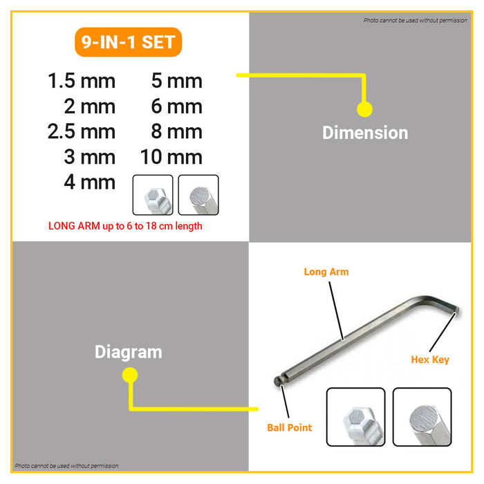 BUILDMATE Ingco 9PCS Ball Point Hex Key Set 1.5mm-10mm Allen Wrenches Hand Repair Driver Tool SOLD PER SET HHK12091 / HHK12092 - IHT