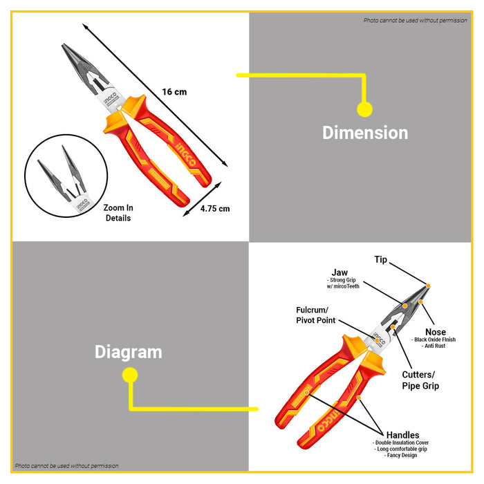 INGCO Insulated Long Nose Pliers 6” HILNP28168  •BUILDMATE• IHT