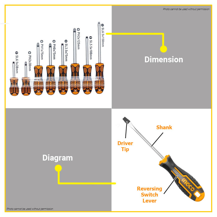 BUILDMATE Ingco 8pcs Screwdriver Set Cr-V Flat & Phillips Screw Driver DIY Hand Repair Tool Kit HKSD0828 - IHT