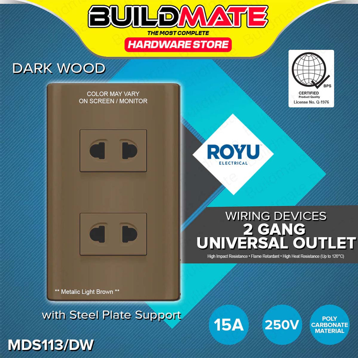 BUILDMATE Royu Plano Outlet Set Wide Series Dark Wood 250V Polycarbona ...