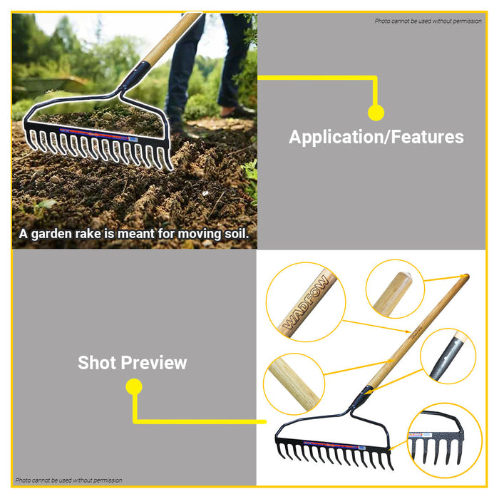 BUILDMATE Wadfow 1380mm Carbon Steel Garden Rake 14 Teeth Wooden Handle WXW3314 - WHT
