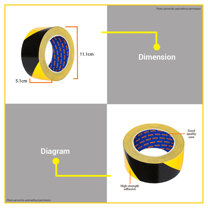 BUILDMATE Wadfow 50mmx30m Safety Warning Tape Yellow-Black Safety Caution Hazard Protective Barrier Stripe Floor Marking Restricted Area Security Sealing Line Warning Signal Tape WPN4H45 - WHT