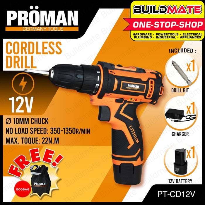 [SUPER SALE] PROMAN Cordless Drill 12V Drilling Screwdriver PT-CD12V1B +FREE ECO BAG •BUILDMATE•