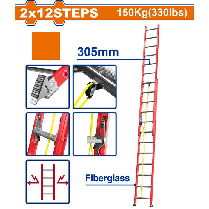 Buildmate x Wadfow 2x12 Fiberglass Extension Ladder 6.7m 150kg Load WLDH924