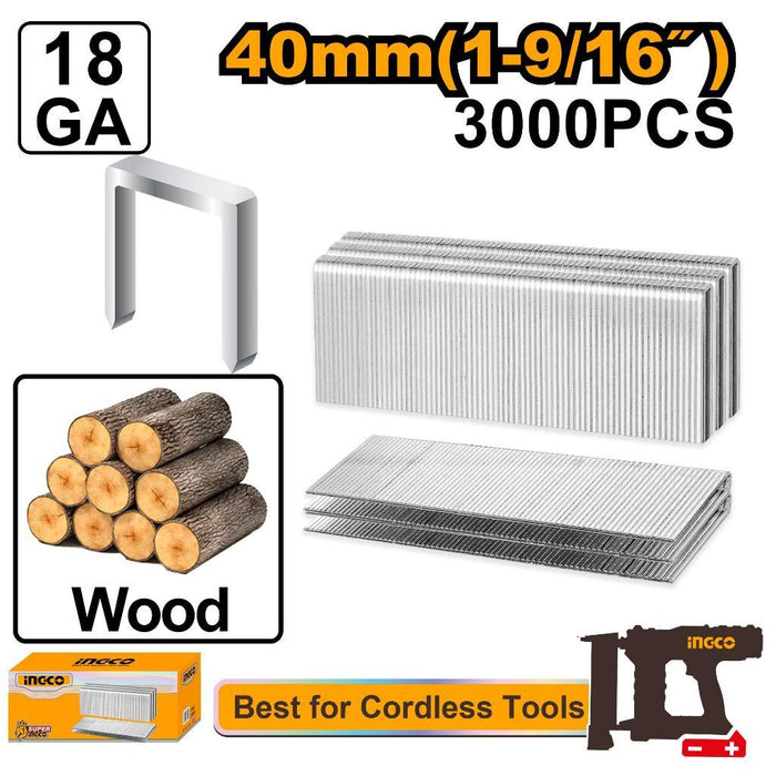 Buildmate x INGCO 40mm GA18 Crown Staples 3000pcs AST18403 for CCSNLI6005/6008