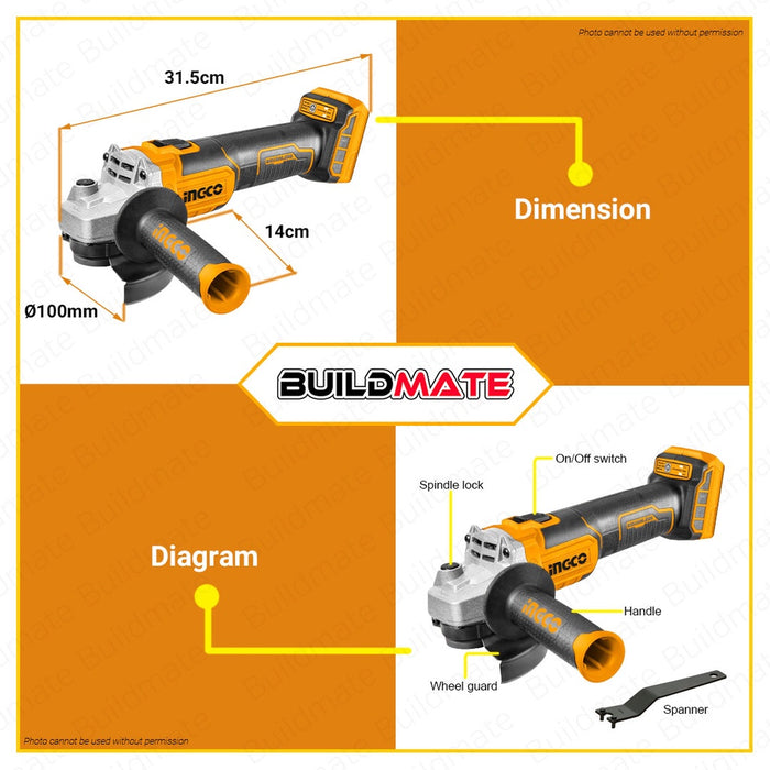 BUILDMATE Ingco BRUSHLESS 20V Cordless Angle Grinder For Cutting Sanding Polish CAGLI201008 • ICPT