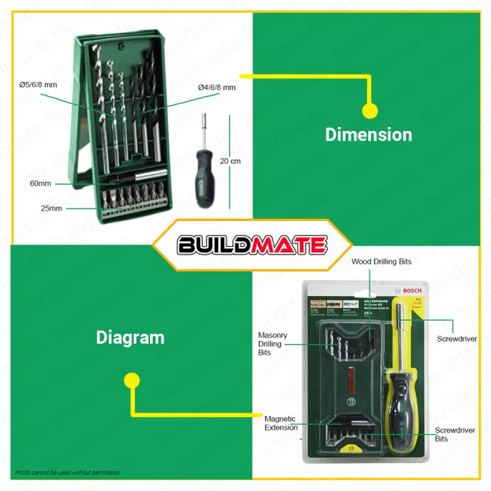 [BUILDMATE EXCLUSIVE] BOSCH Professional Masonry Concrete and Wood Drill Bit Extension Screwdriver Socket Bits Accessories Set 2607017336 •BUILDMATE•