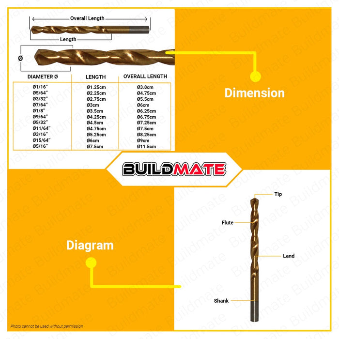 LOTUS 11PCS HSS G-Tin Co Bit Set HSS Drill Bit Set Impact Drill Bit Set for Metal Drilling, Brick, Tile, Cement, Ceramic, Hand Tool Stainless Steel Aluminum LTXT11GDBT •BUILDMATE• LHT