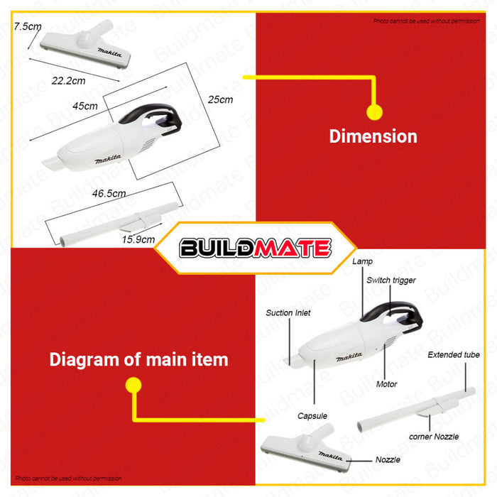 BUILDMATE Makita WHITE Li-Ion Cordless Vacuum Cleaner 18V 650ML Portable Handheld Vacuum Cleaner Cordless Cleaner Cleaning Tools DCL180ZW • LXT