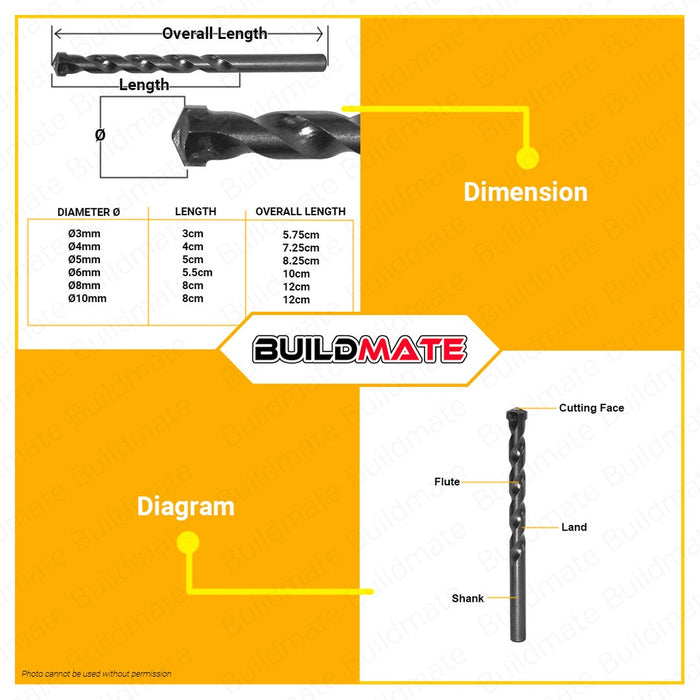 LOTUS 11PCS/SET Masonry Drill Bits Professional Concrete Drill Bit Set 4mm To 10mm Carbide Tip for Brick, Tile, Cement, Ceramic, Glass, And Plastic Hand Tool LTXT11MDBX •BUILDMATE• LHT