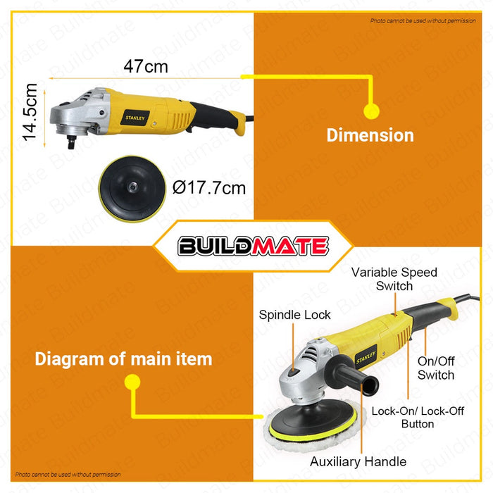 BUILDMATE Stanley Electric Angle Polisher Buffing Machine 1300W 180mm Electric Car Polisher Polishing Machine Variable Speed Buffing Waxing / Waxer Machine STGP1318K-B1 | SP137-B1 • SPT