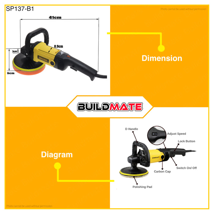 BUILDMATE Stanley Electric Angle Polisher Buffing Machine 1300W 180mm Electric Car Polisher Polishing Machine Variable Speed Buffing Waxing / Waxer Machine STGP1318K-B1 | SP137-B1 • SPT