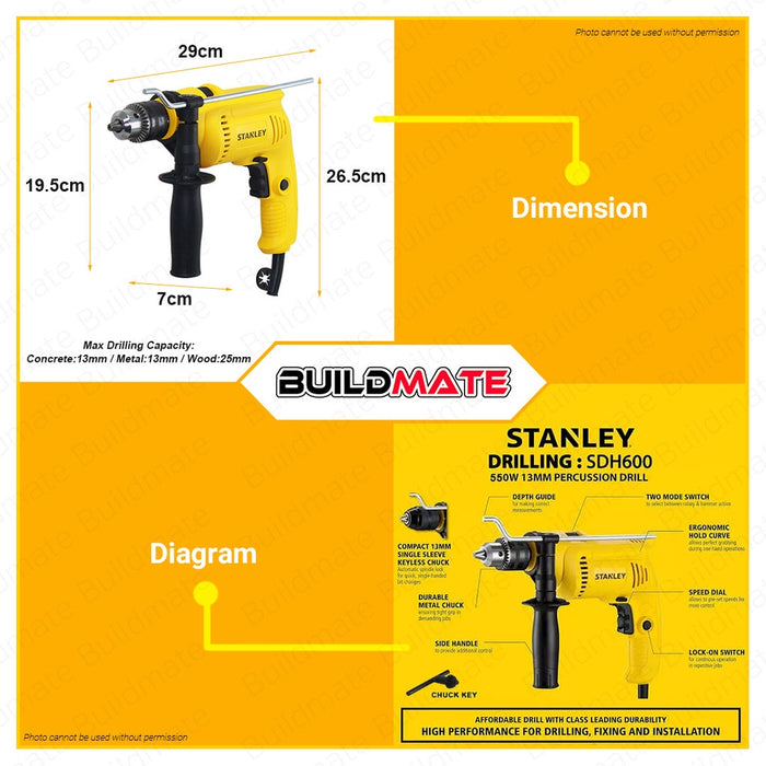 BUILDMATE Stanley Percussion Drill Value Kit with Case 13mm 550W | 800W Impact Drill / Driver Rotary Drill Screwdriver SDH600K | STDH7213V-B1 • SPT