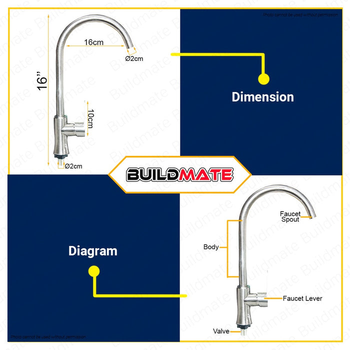 WATERHOUSE Single Kitchen Faucet Design F12 16" Inch Stainless 304 Single Lever Sink Cold Wall Kitchen Faucet WH-SINKSUSF12 •BUILDMATE•