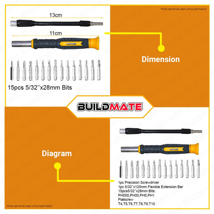 Lotus 17PCS Precision Screwdriver Torx, Flat & Slotted Screw Driver with Magnet Anti Slip Handle with Extension Bar and Bits Multi-functional Hand Tools Work Repair Tools Kit Set LTHT17PSX •BUILDMATE• LUTOS LHT