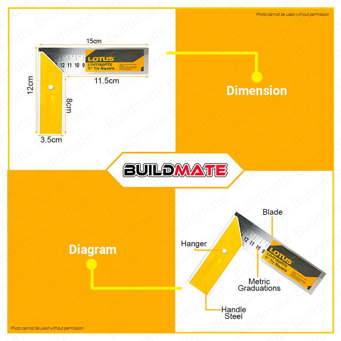 LOTUS Try Square Ruler 6" Inch | 8" Inch [SOLD PER PIECE] Aluminum Alloy L-Square Ruler, Framing Ruler, Carpenters Square, L Ruler, Right Angle Ruler Metal Framing Steel Square LTHT150STX | LTHT200STX •BUILDMATE• LHT