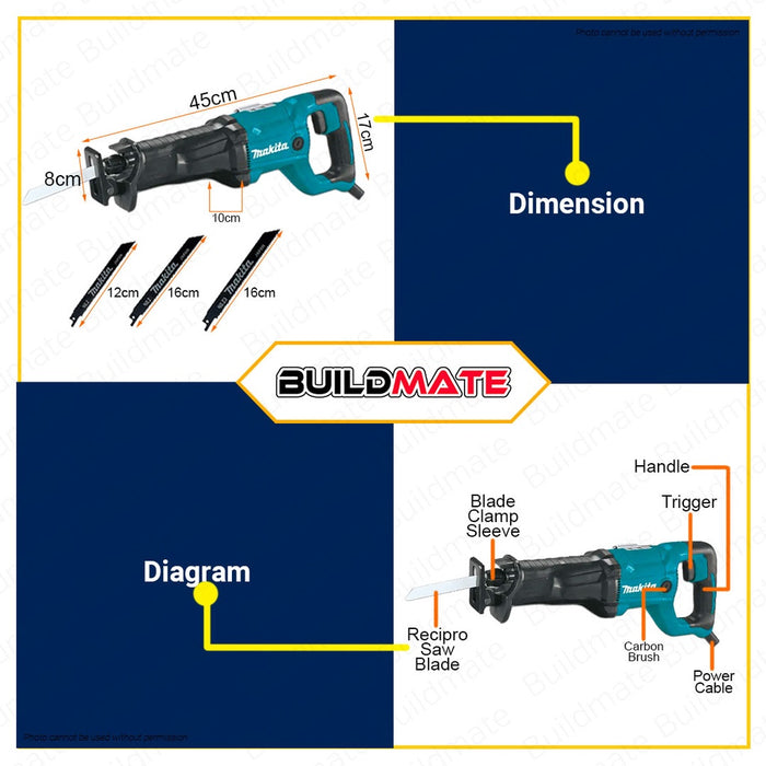 BUILDMATE MAKITA Original Reciprocating Saw 1200W 30MM Recipro Saw with 3pcs Recipro Saw Blades Wood Metal Cutting Saw Variable Speed JR3051TK •