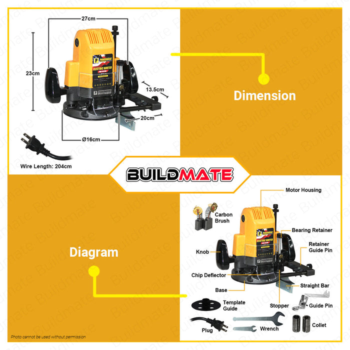 BUILDMATE Powerhouse Electric Router 1650W 12.7mm Plunge Router Laminate Router Trimmer Electric Palm Wood Router Electric Power Wood Plunge Router Machine for Woodworking PHM-3612BR • PHPT