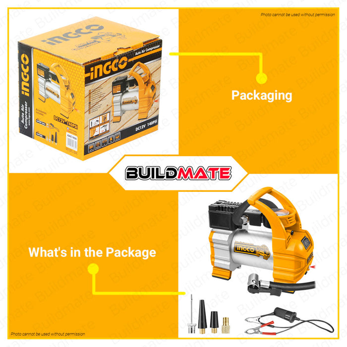 INGCO Auto Air Mini Compressor 140PSI Auto Air Compressor DC12V Total Power With Nozzle Tire Inflator Air Pump Auto Tire Pump AAC1408 | AAC1401 [SOLD PER SET] •BUILDMATE• IPT