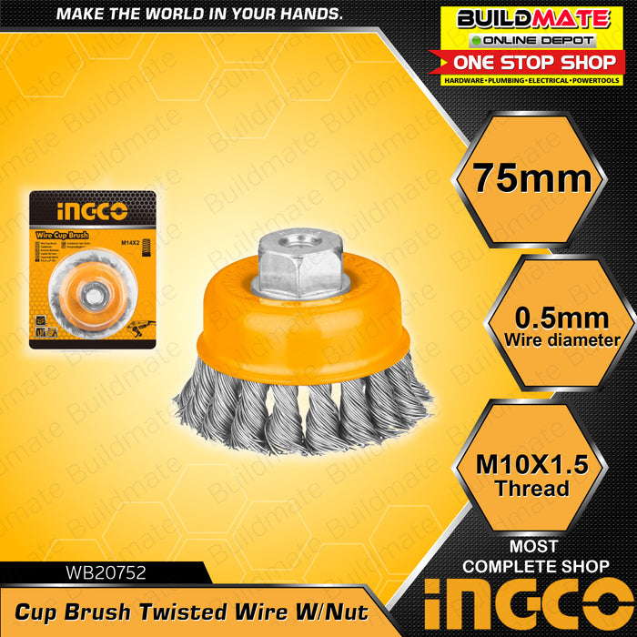 INGCO Cup Brush Twisted Wire W/Nut 75mm 3" M10X1.5 WB20752 •BUILDMATE• IHT