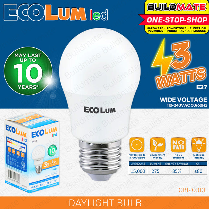 BUILDMATE Ecolum Led Bulb E27 Daylight Premium 3W - 15W 6500K LED Light Bulb LED Lite Light Bulb Bedroom Light Office Light LED Lamp Light Indoor Light LED Bulb Light