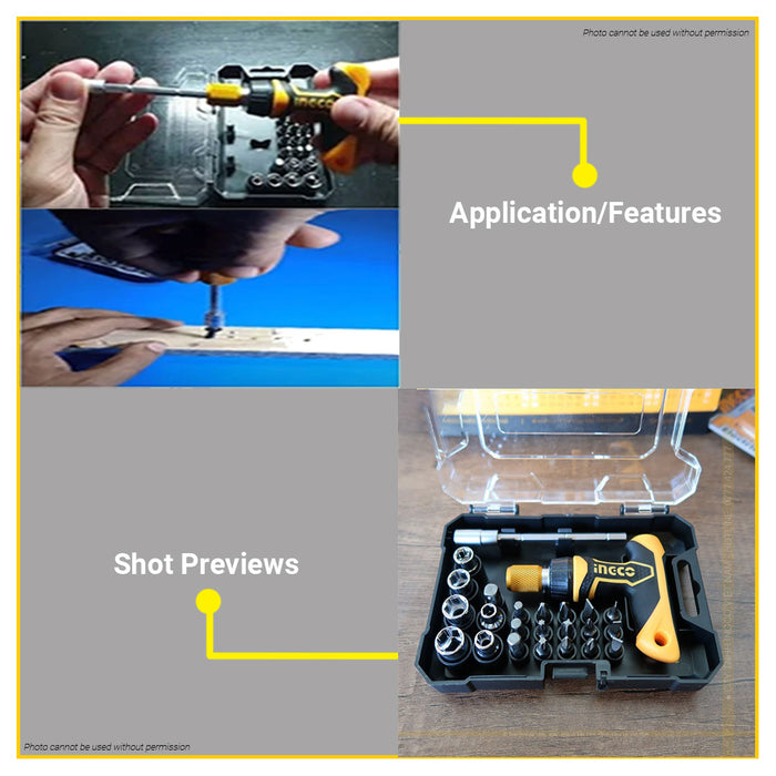 INGCO 24 PCS T Handle Wrench Ratchet Magnetic Screwdriver with Set Bit Holder HKSDB0188 •BUILDMATE• IHT