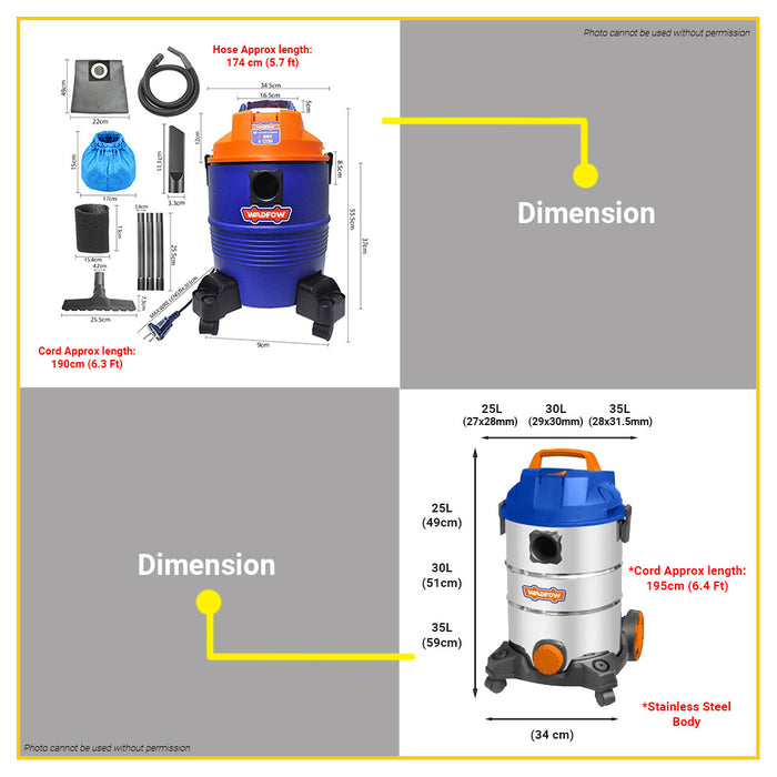 BUILDMATE Wadfow 1200W Wet & Dry Vacuum Cleaner 25L-35L Capacity Household Floor Cleaning Tools WPT