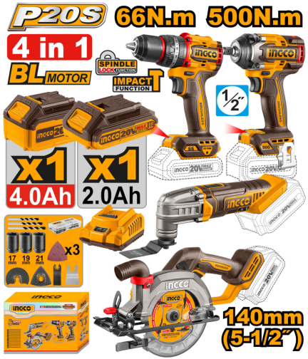 INGCO 20V Cordless 4pcs Combo Kit St | Impact Drill, Impact Wrench, Circular Saw, and Multi-tool COSLI241169 ICPT - BUILDMATE