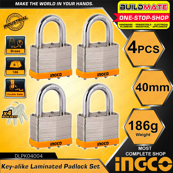 BUILDMATE Ingco 4PCS Key Alike Laminated Padlock 40MM | 50MM [SOLD PER SET] Laminate Padlock Pad Lock Keyed Padlock Solid Brass Lock with 4pcs Iron Keys Wide Lock Body Security Lock Anti-Theft Lock DLPK04004 | DLPK05004 • HT2