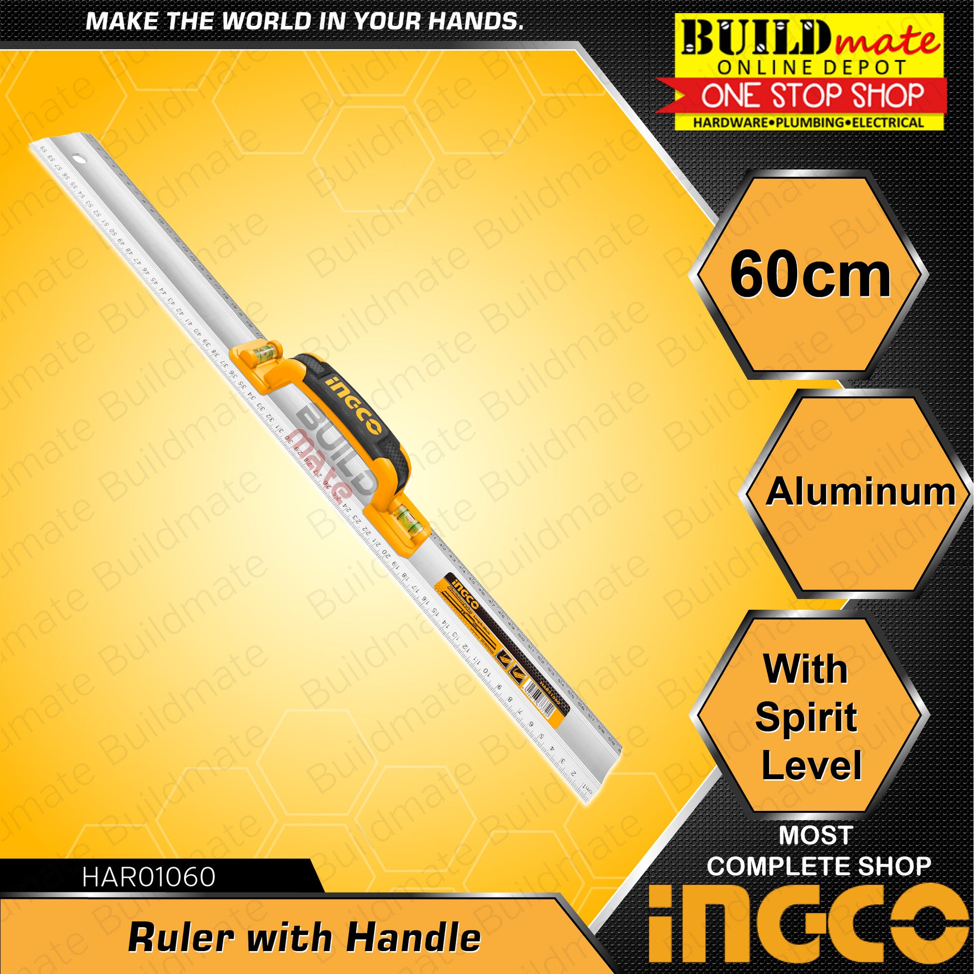 INGCO Ruler with Handle Aluminum Ruler with Spirit Level 60cm Bubble S ...