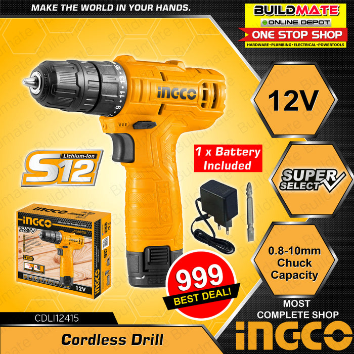 INGCO Lithium Ion Cordless Drill 12V 10mm CDLI12415 | with Led Headlamp Bits Set IPX