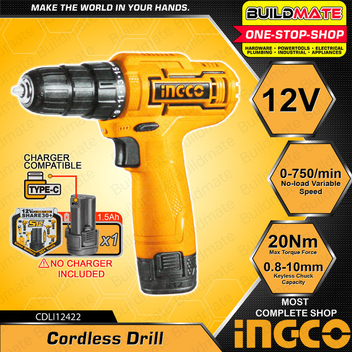 INGCO Lithium Ion Cordless Drill 12V 10mm CDLI12415 | with Led Headlamp Bits Set IPX