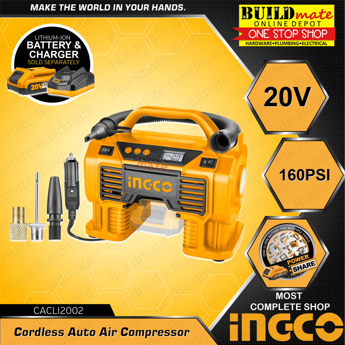 INGCO Auto Air Compressor Cordless Powershare 20V CACLI2002 Total Powe ...