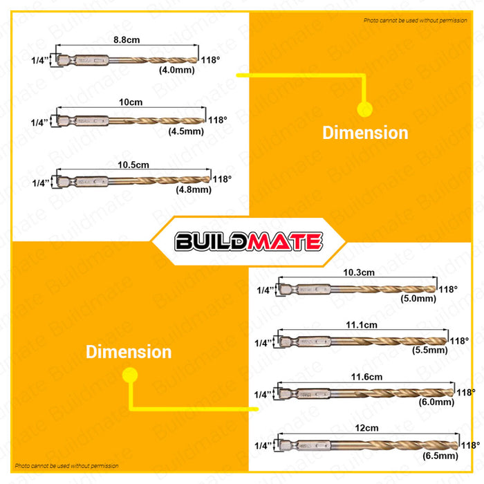 BUILDMATE 13PCS Tatara Drill Bit Set 1.5 - 6.5mm HSS Titanium Hex Shank Drill Bit for Steel Wood Titanium Twist Drill Bit Set Quick Change Drill Bit HSSTI-13HEX •