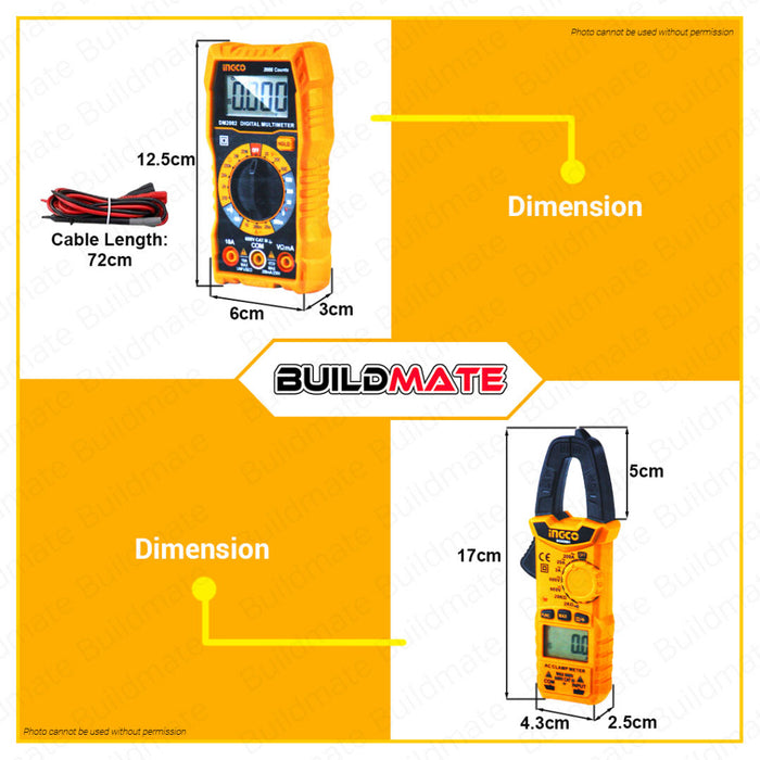 BUILDMATE Ingco Digital Multimeter Tester CAT.III 600V 1999C Multi Tester Multimeter Electric Tester DC Voltage Tester AC Voltage Tester DM2002 | DM6011 | 16PCS/SET Digital Multi Meter Clamp with Electricians Tools Set Screwdrivers COS23025 • IPT