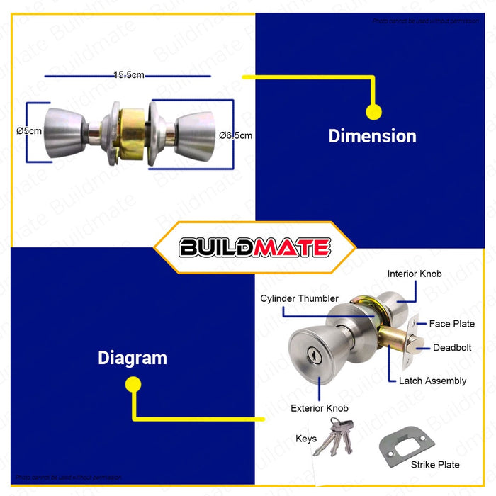 ARMSTRONG Stainless Steel Entrance Cylindrical Door Knob Lock Set 588SS •BUILDMATE•