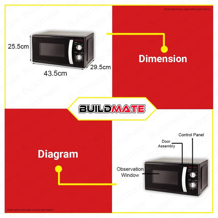BUILDMATE Hanabishi Manual Microwave Oven 20L with Defrost Function & 6 Power Levels Kitchen Appliance HMO-20MDLX3