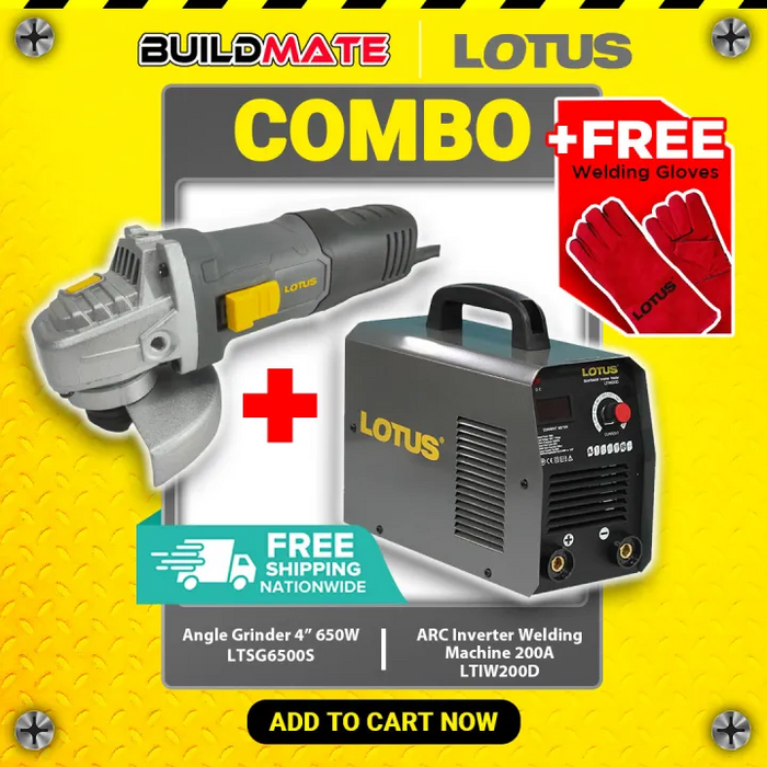 [COMBO] LOTUS Inverter Welding Machine 200A LTIW200D + Angle Grinder 650W + FREE WELDING GLOVES •BUILDMATE• LWM
