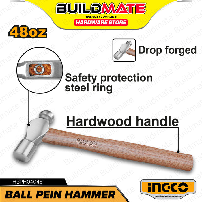 BUILDMATE Ingco Ball Pein Hammer 16oz - 48oz Ballpein Ball-peen Hardwood Handle Double Striking IHT