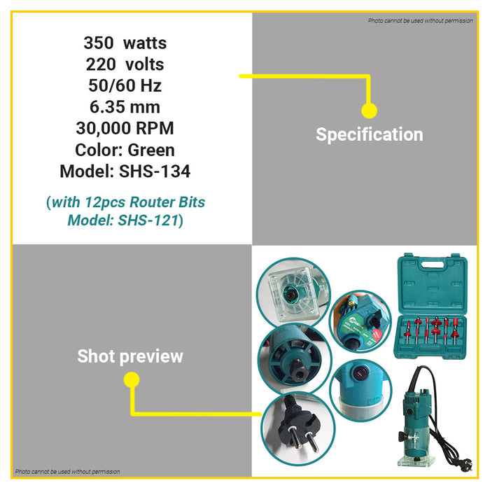 [BUNDLE] BUILDMATE Mailtank 350W Palm Router Trimmer SH-134 with 12PCS/SET Router Bit Set 1/4" Inch SH121