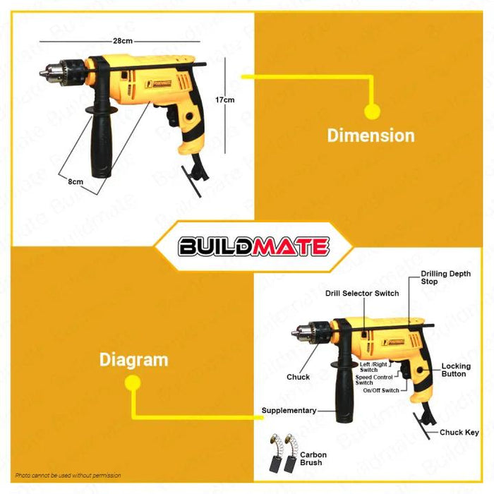 BUILDMATE Powerhouse USA 13MM Impact Drill Hammer Function 750W / 800W With Case Electric Concrete Steel Wood Drilling - PHPT