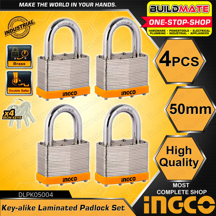 BUILDMATE Ingco 4PCS Key Alike Laminated Padlock 40MM | 50MM [SOLD PER SET] Laminate Padlock Pad Lock Keyed Padlock Solid Brass Lock with 4pcs Iron Keys Wide Lock Body Security Lock Anti-Theft Lock DLPK04004 | DLPK05004 • HT2