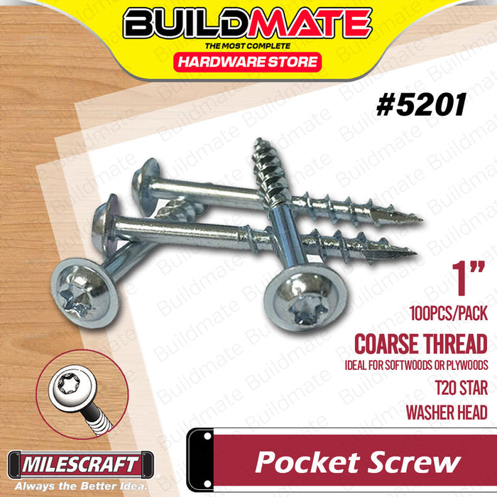 BUILDMATE Milescraft 100PCS/PACK Pocket Screw Coarse 1"  / 1.25"  / 1.5" Self -Tapping T20 Washer Head Pocket Hole Star Screws  #5201 #5202 #5204