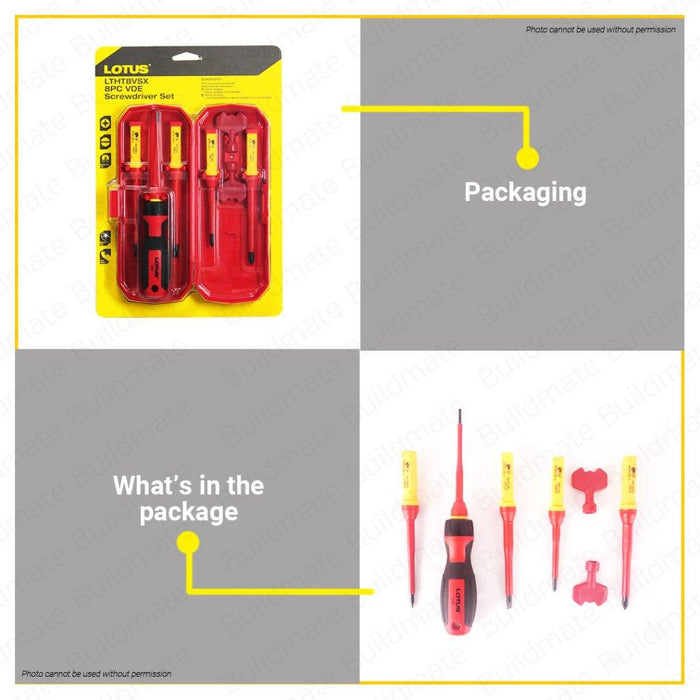 BUILDMATE Lotus 8pcs VDE Insulated Screwdriver Set Slotted Phillips Screw Driver Electrician Hand Repair Tool Kit LTHT8VSX - LHT