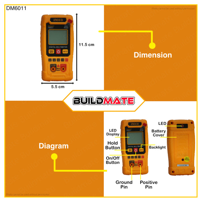 BUILDMATE Ingco Digital Multimeter Tester CAT.III 600V 1999C Multi Tester Multimeter Electric Tester DC Voltage Tester AC Voltage Tester DM2002 | DM6011 | 16PCS/SET Digital Multi Meter Clamp with Electricians Tools Set Screwdrivers COS23025 • IPT