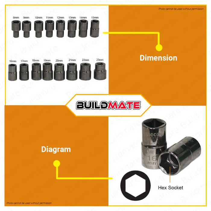 INGCO Original 1/2 inch Hexagonal Socket CR-V Black Nickel Plated •BUILDMATE• IHT